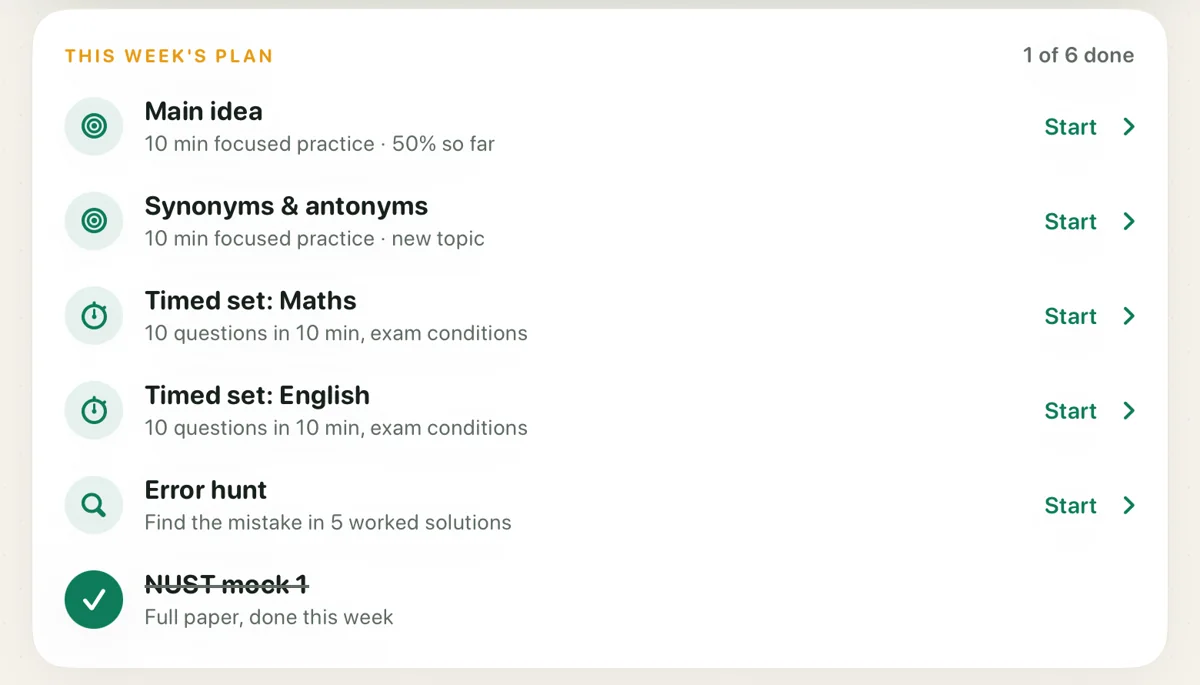 This week's plan in Mind Gym: two topics, a timed set in maths and in English, an error hunt and a mock