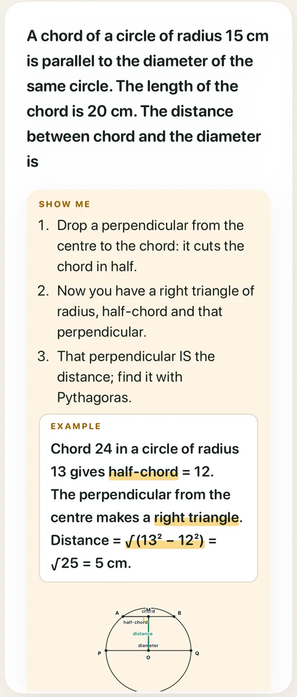 Show me on a circle question: three steps, then a worked example with different numbers and a labelled diagram