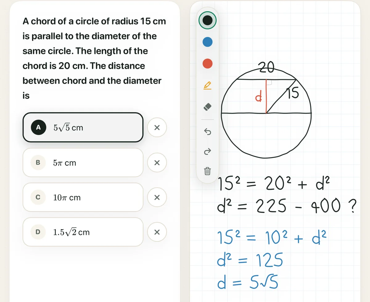 A circle question in Mind Gym with the student's sketch, a wrong first attempt in black and the corrected working in blue